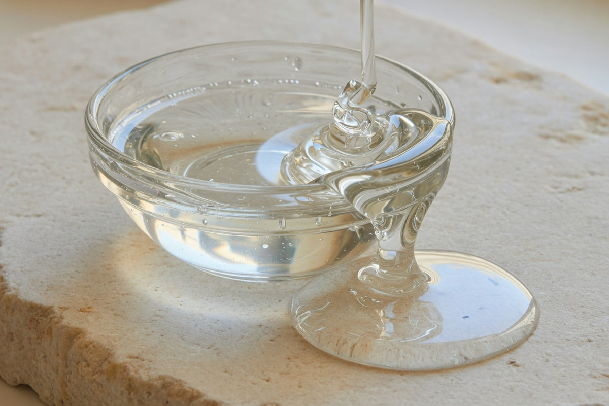 Thick clear glycerine in a glass dish on limestone.