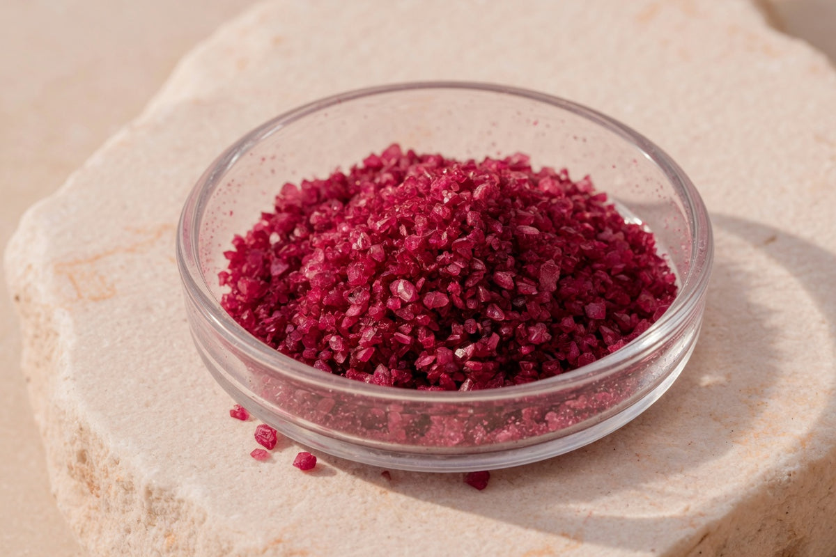 Deep pink crystalline powder in a glass dish on limestone.