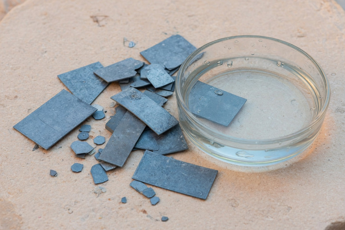 Dull blue-grey zinc metal beside a glass dish of clear water on pale limestone.