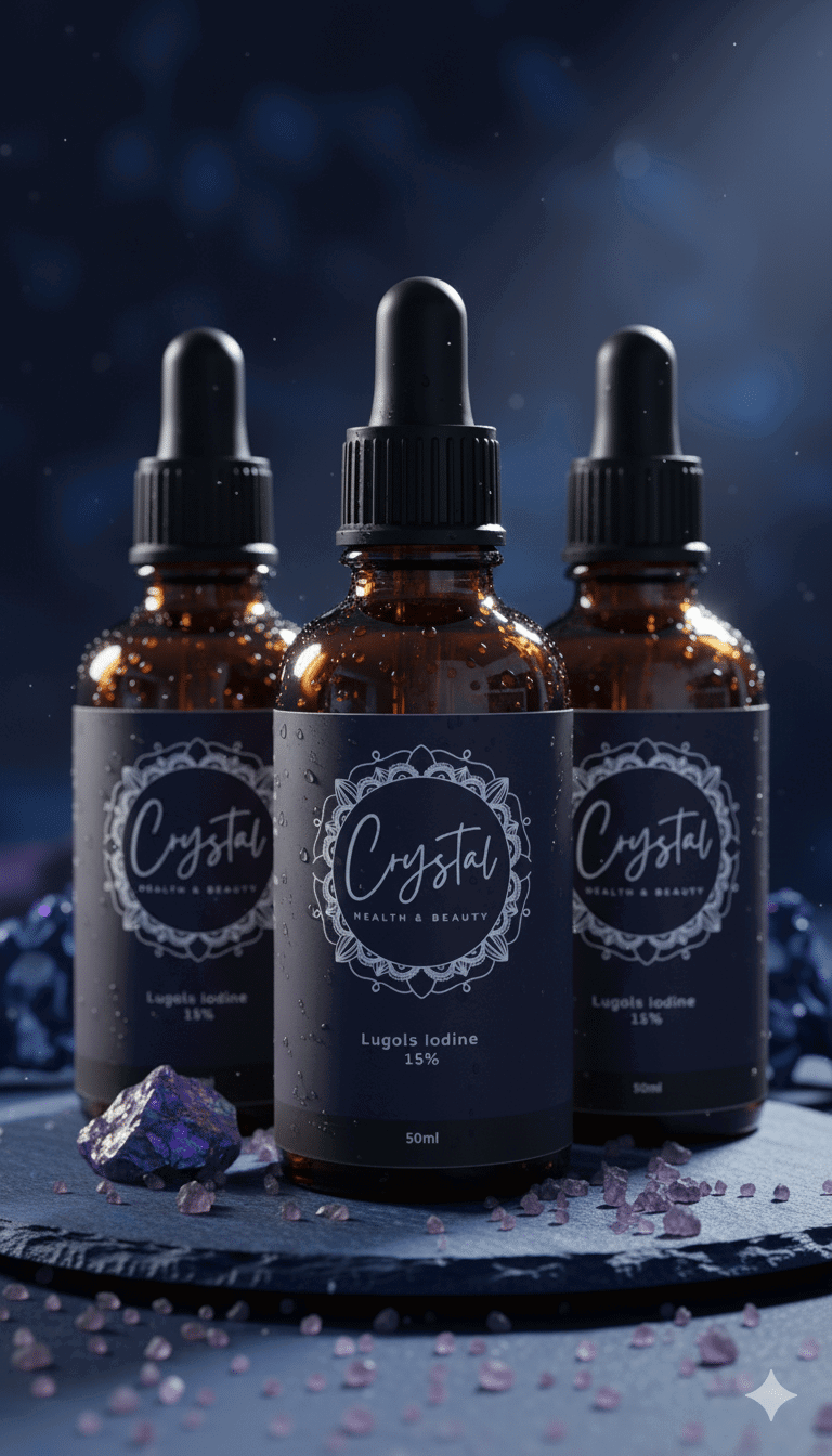 Three 50ml amber glass bottles of Lugol’s iodine 15% solution with dropper caps