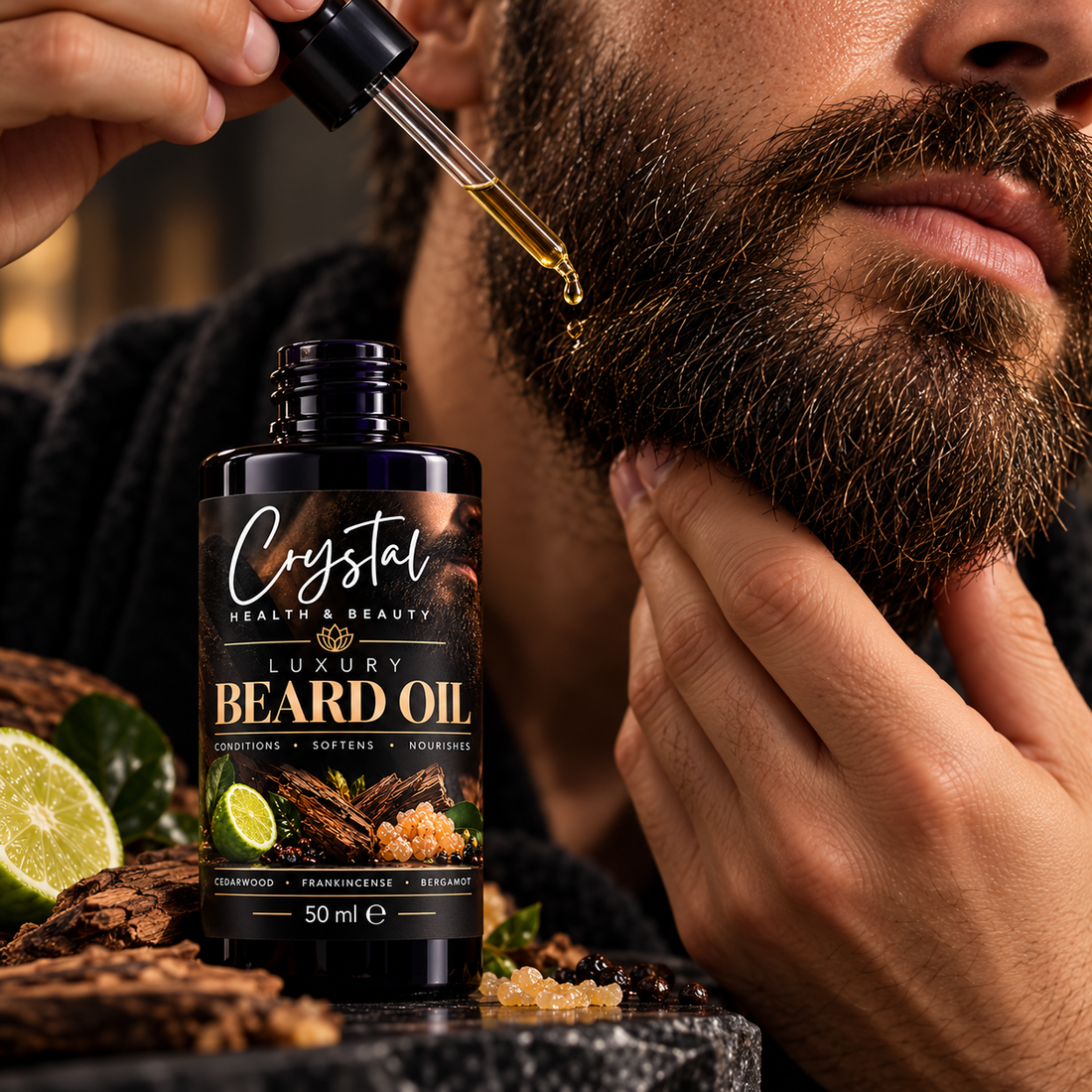 Design mock-up of the Luxury Beard Oil dropper held above a beard, with the 50ml bottle in front. Not a photograph of a finished batch.