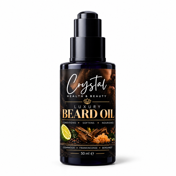 Design mock-up of the Crystal Health and Beauty Luxury Beard Oil 50ml bottle, dark glass with a black dropper, on a white background. The label names cedarwood, frankincense and bergamot.
