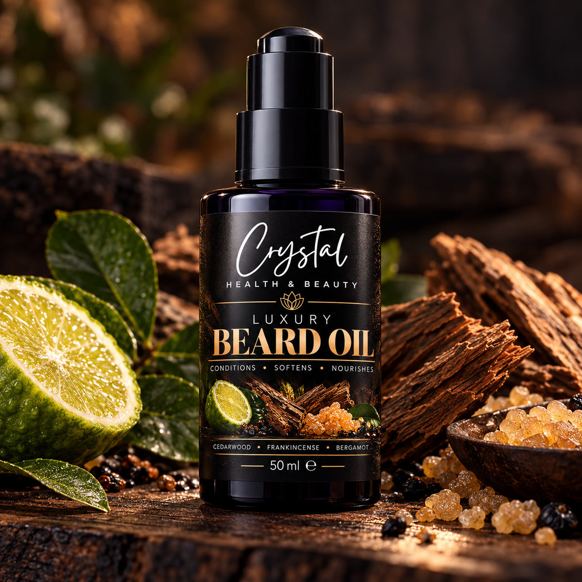 Design mock-up of the Luxury Beard Oil bottle styled with wood, resin and citrus. The label names cedarwood, frankincense and bergamot.