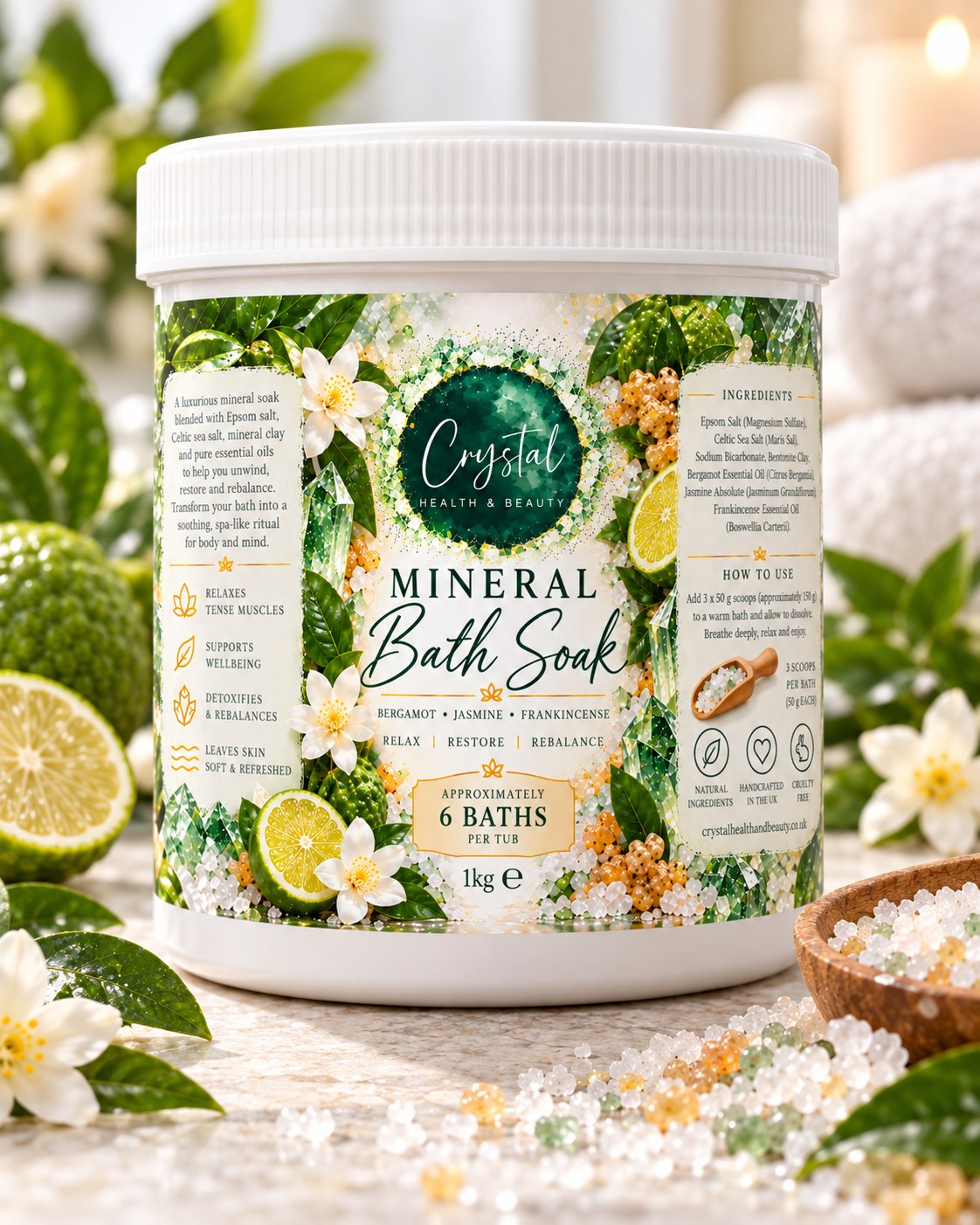 Bergamot Jasmine Frankincense Mineral Bath Soak with scoop and mineral salts