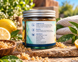 Crystal Health Mineral Detox Body Scrub tea tree and lemon jar, side view
