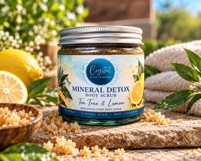 Crystal Health & Beauty Mineral Detox Body Scrub, tea tree and lemon, jar front