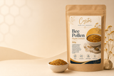 Organic bee pollen granules 500g kraft pouch pack shot with a small bowl of granules