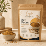 Organic bee pollen granules 500g kraft pouch with a bowl of wildflower granules