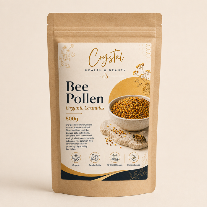Organic bee pollen granules 500g in a Crystal Health kraft pouch