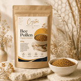 Organic bee pollen granules 500g pouch with dried flowers and a bowl of granules