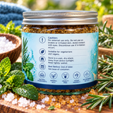 Relaxing Magnesium Body Scrub jar with mint, rosemary, caution and storage