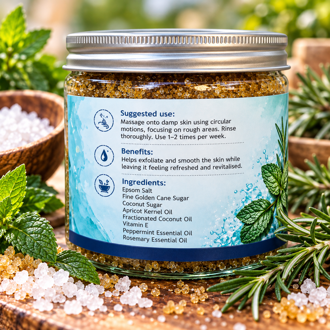 Relaxing Magnesium Body Scrub jar with peppermint, rosemary and suggested use