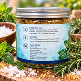 Relaxing Magnesium Body Scrub jar with peppermint, rosemary and suggested use