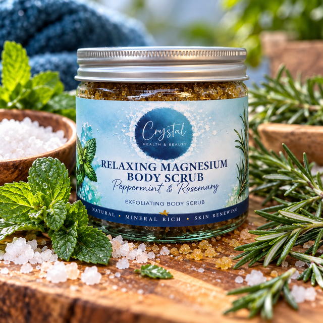 Relaxing Magnesium Body Scrub, peppermint and rosemary, in a glass jar
