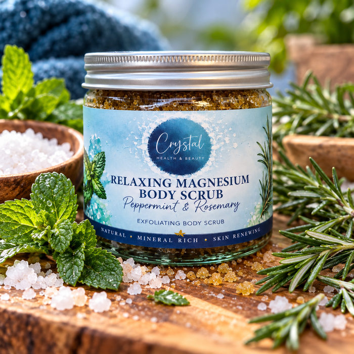 Relaxing Magnesium Body Scrub, peppermint and rosemary, in a glass jar