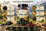 Crystal Himalayan Shilajit Gummies ingredient panel with shilajit, maca, tongkat ali, ashwagandha, ginger and black pepper