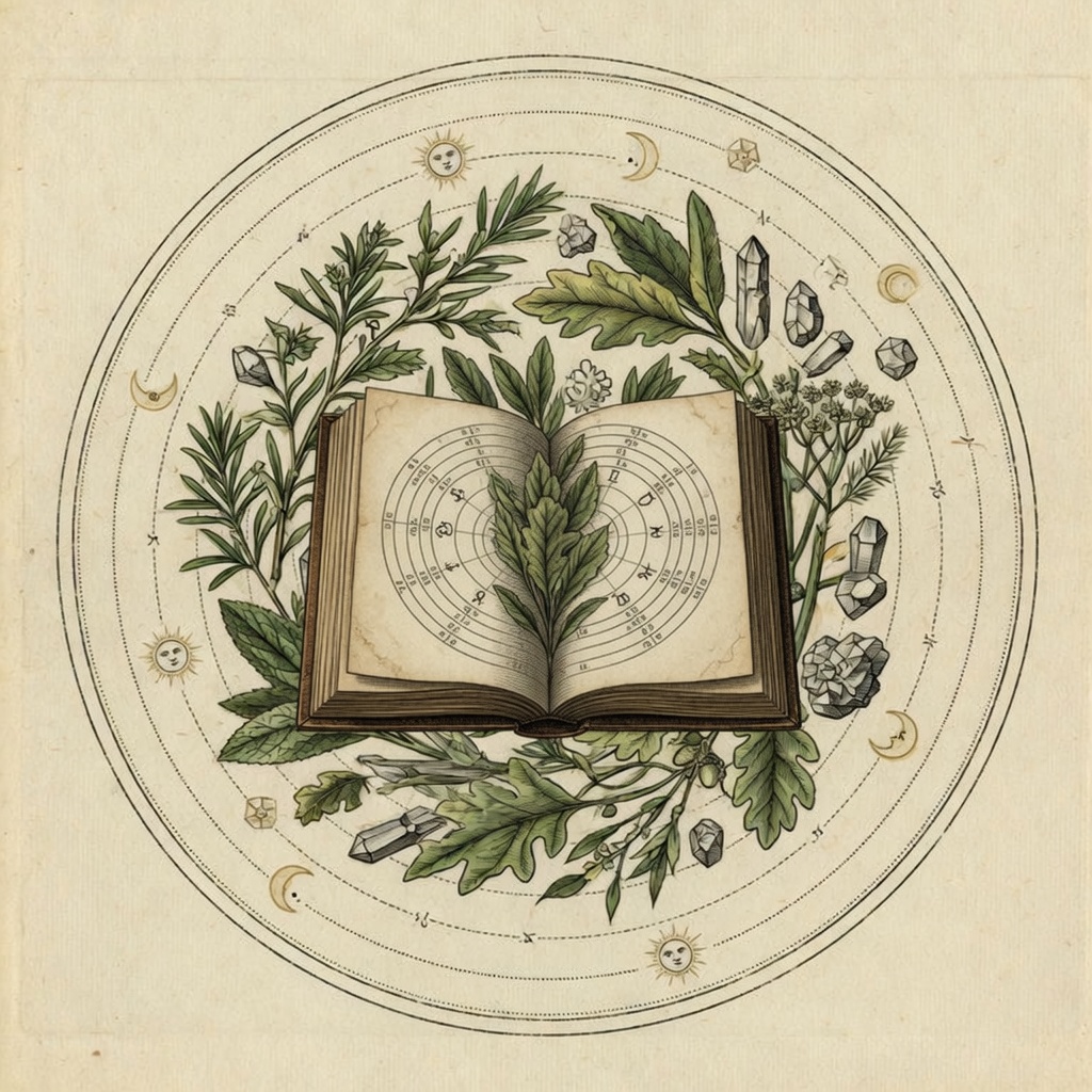 Engraved open book with a circular zodiac chart among herbs