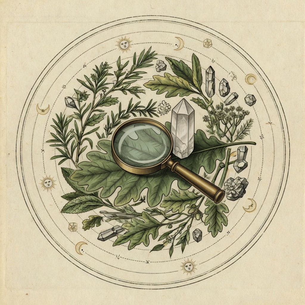 Engraved magnifying lens over a leaf and a quartz crystal