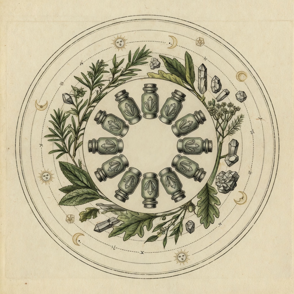 Engraved medallion of twelve mineral jars in a circle