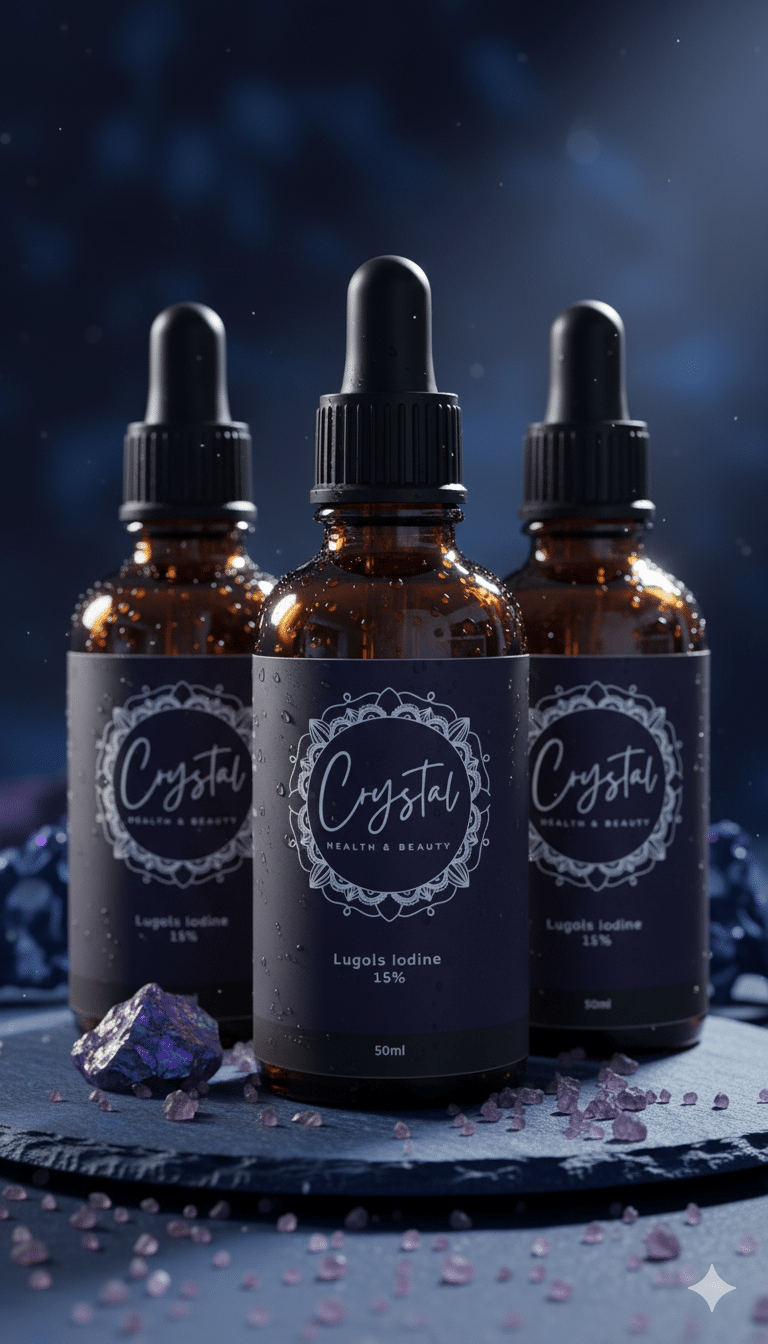 Three 50ml amber glass bottles of Lugol’s iodine 15% solution with dropper caps