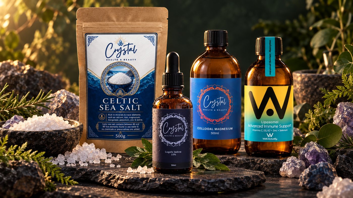 Celtic sea salt, Lugol’s iodine, colloidal magnesium and liposomal immune support arranged as a mineral network