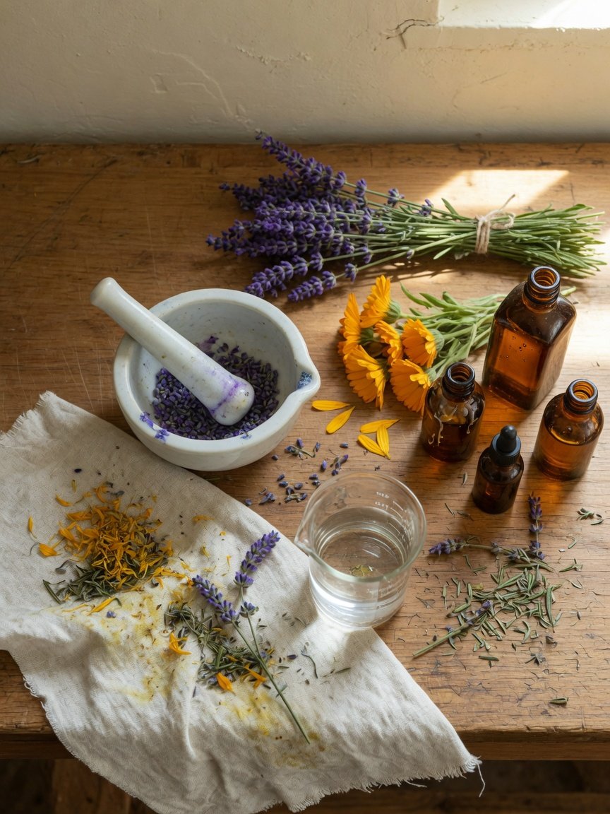 Herbs and amber bottles on the workshop bench