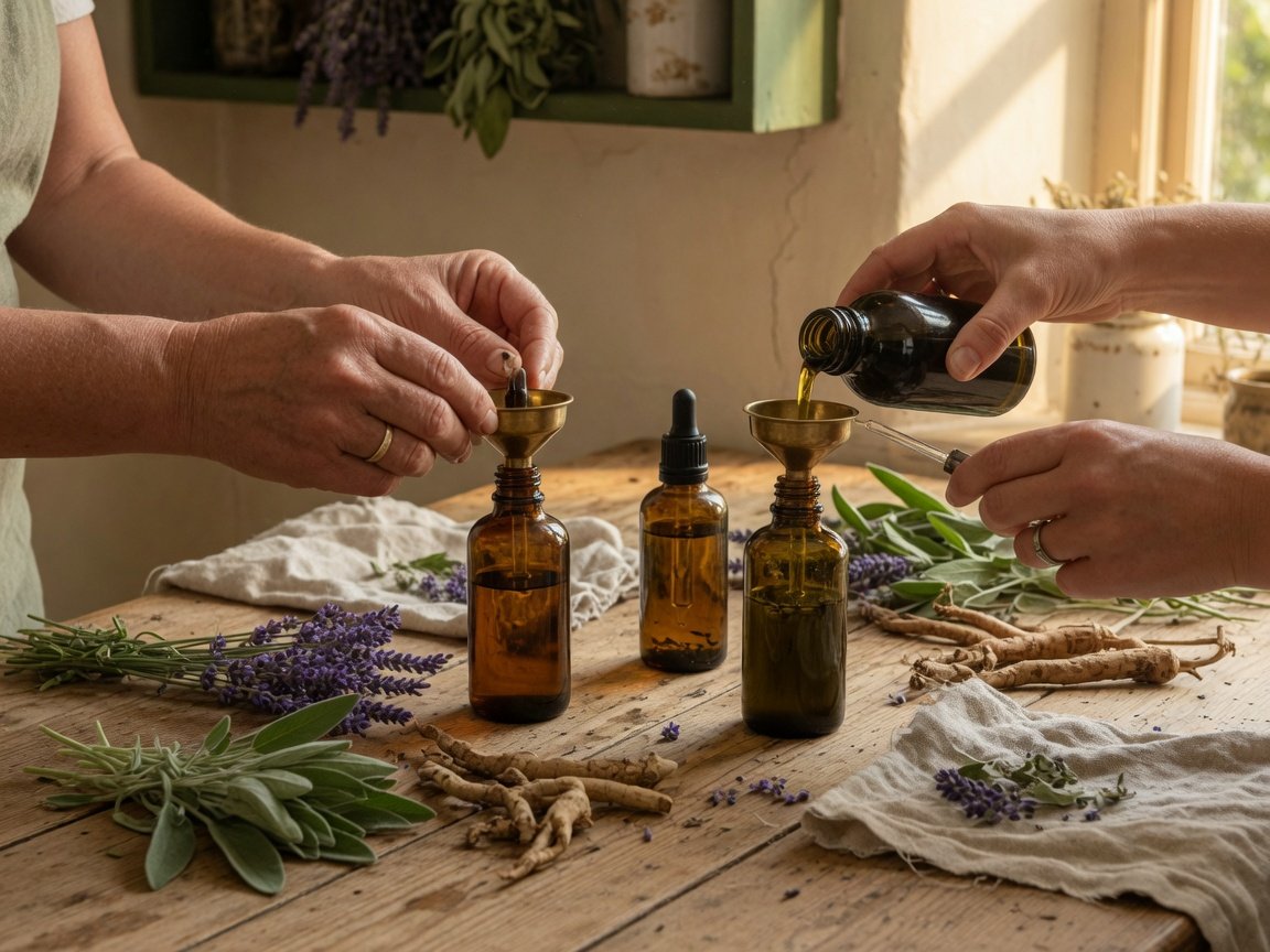 Family workshop bottling herbal tinctures