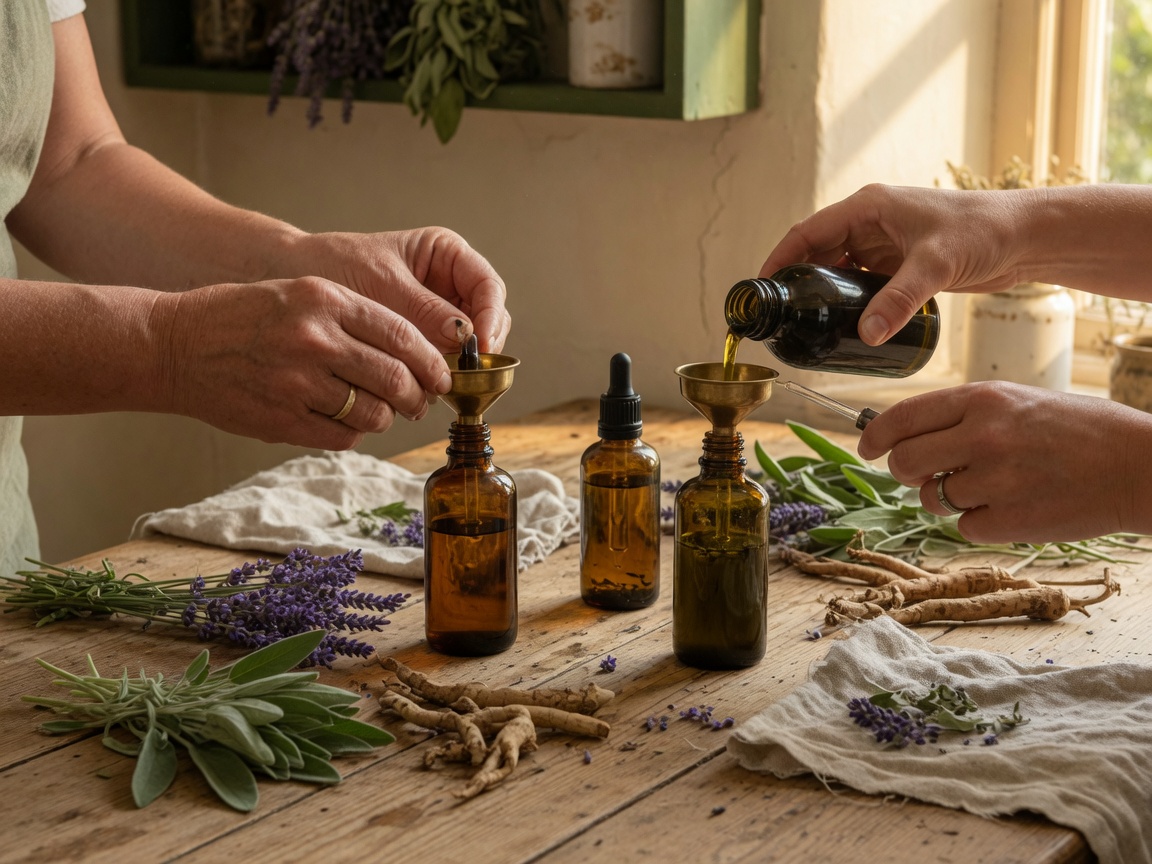 Family workshop bottling herbal tinctures