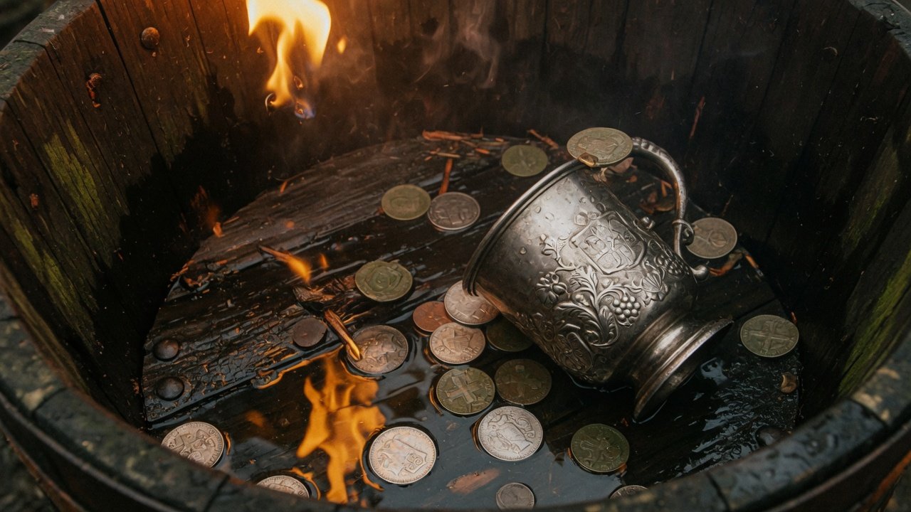 Silver drinking cup and coins
