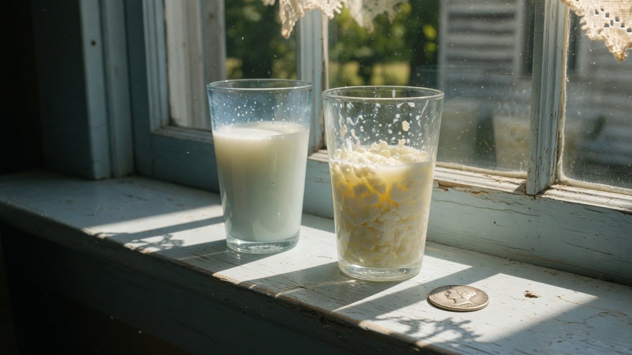 Silver coin and milk on a windowsill