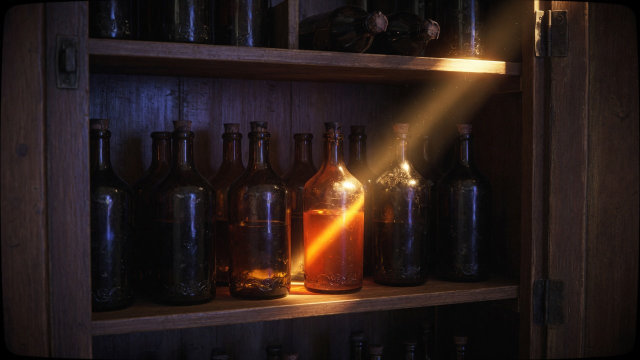 Amber bottles stored in a cupboard