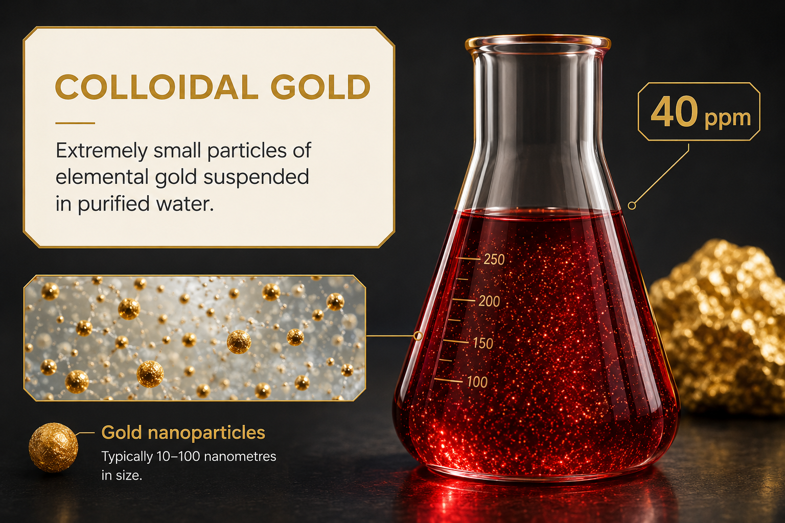 Colloidal gold at 40 PPM: elemental gold particles suspended in purified water