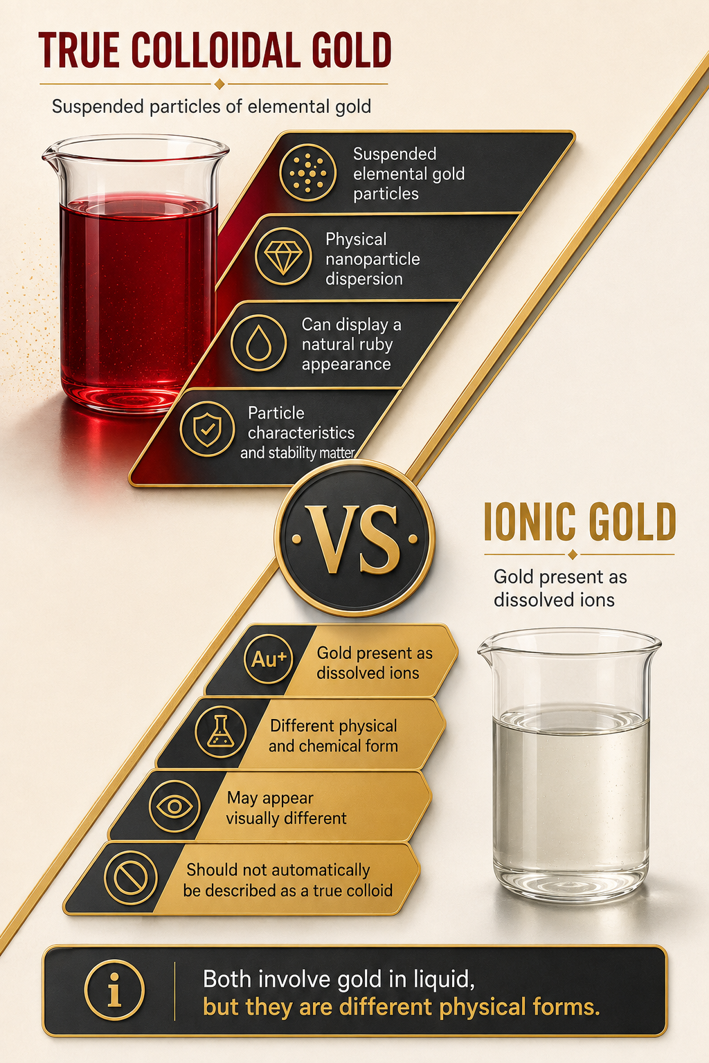 True colloidal gold compared with ionic gold: particles versus dissolved ions