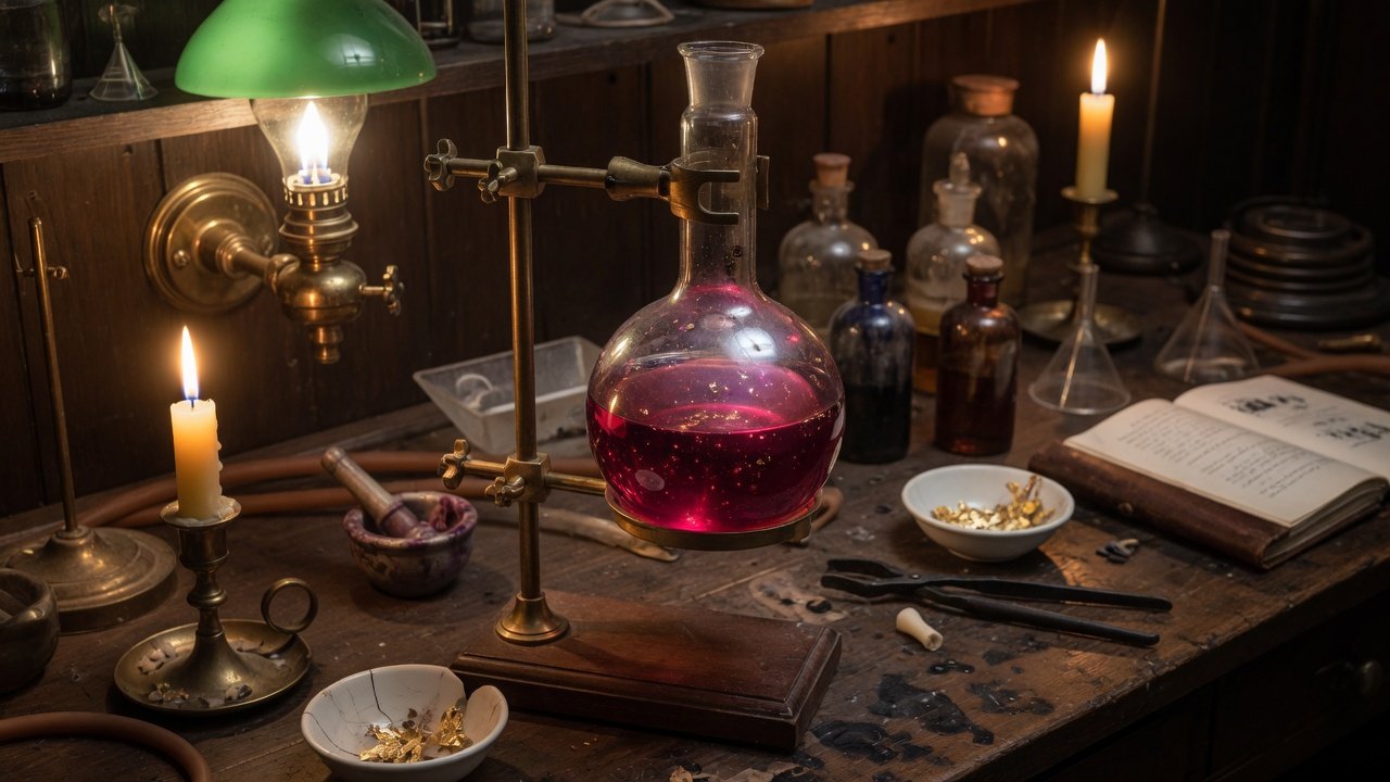 Victorian flask of ruby gold colloid