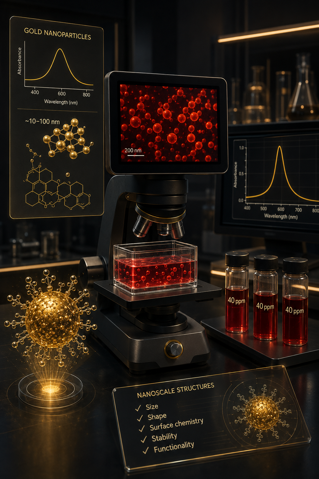 Laboratory view of 40 PPM gold nanoparticles under a microscope